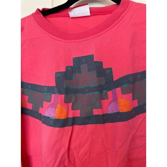 Vintage 80s Long Sleeve T-Shirt Size L Hand Painted Graphic Pink Aztec Cotton - Picture 3 of 11